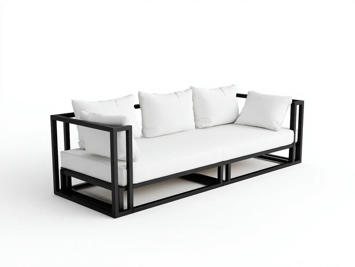 Sofá de 3 plazas de exterior con estructura metálica 220×85×78 cm - blanco y negro - diseño moderno para salón
