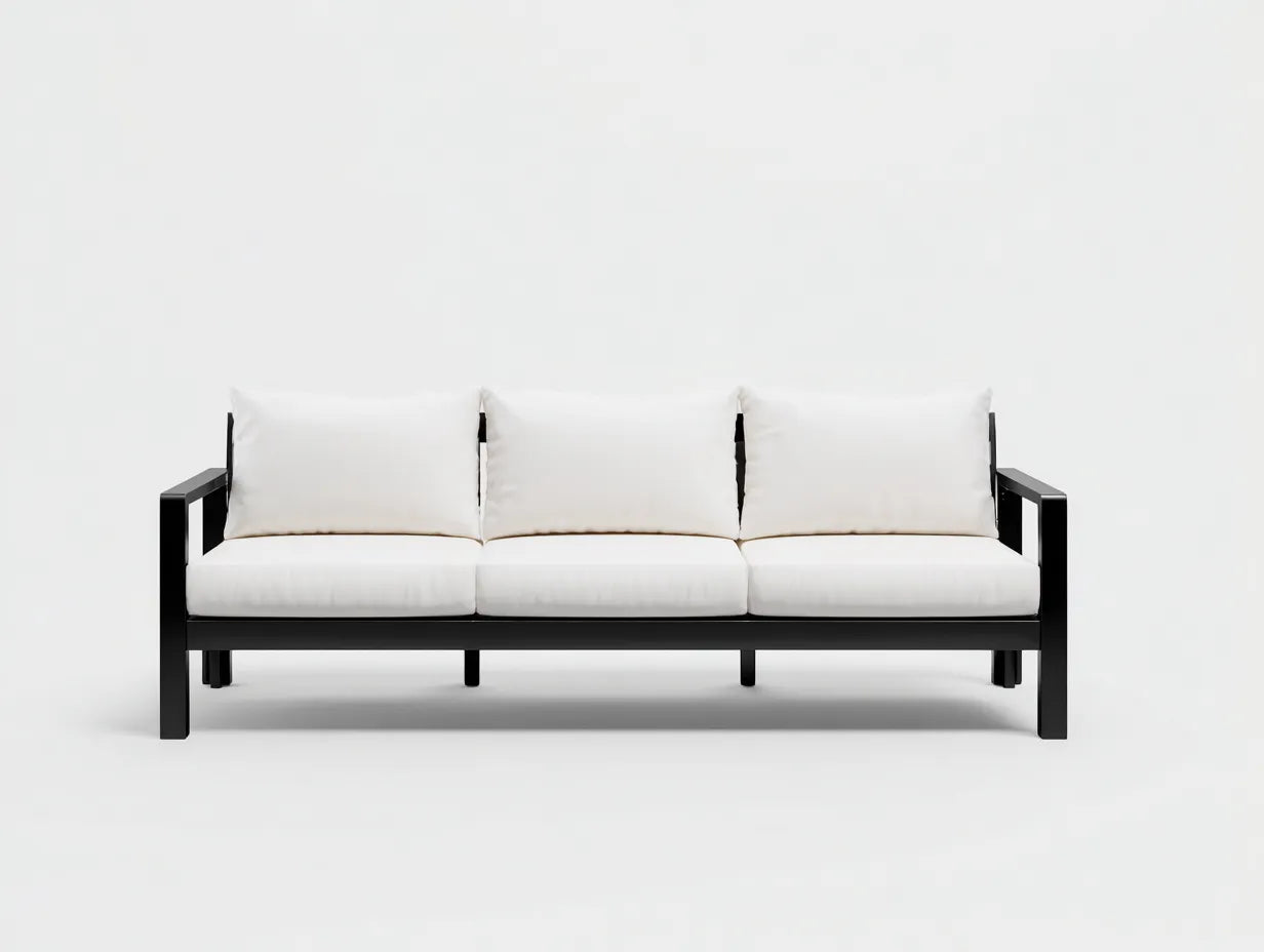 Sofá de 3 plazas 218 x 84 x 79 cm - metal negro y tapizado blanco - diseño abierto para salón
