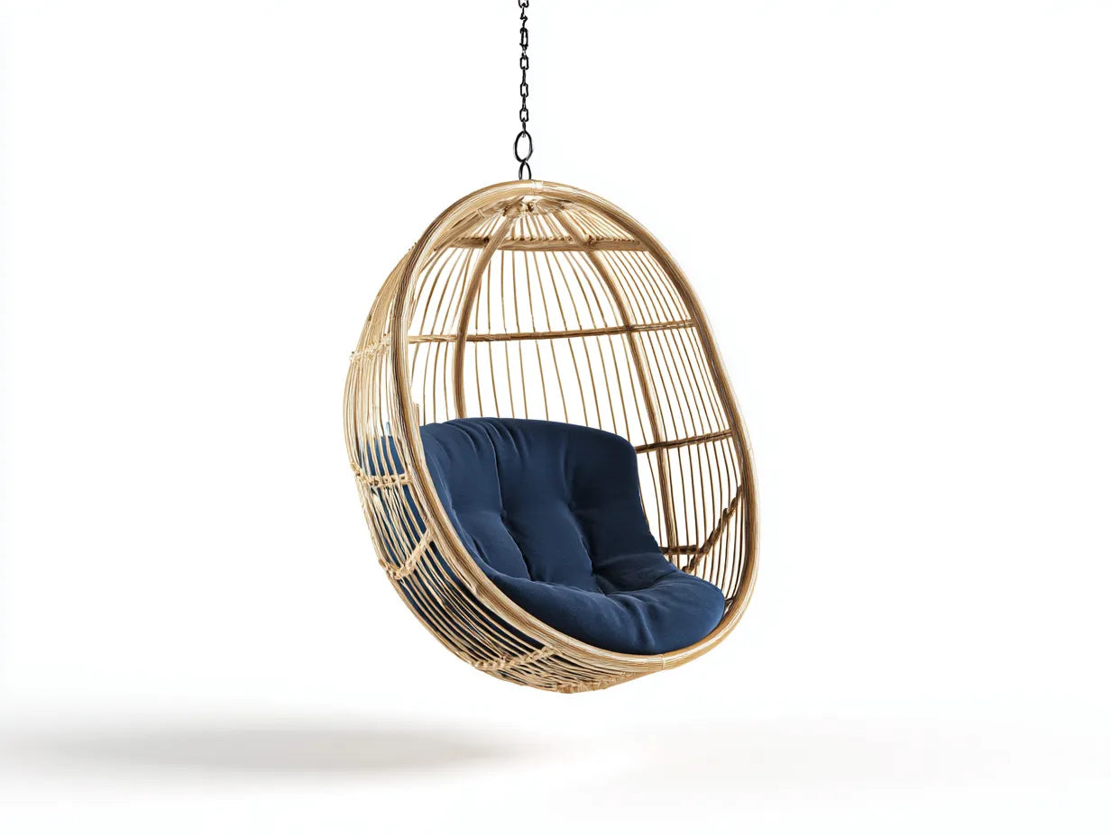 Silla colgante 88×82×115 cm - ratán natural y azul - diseño envolvente para terraza