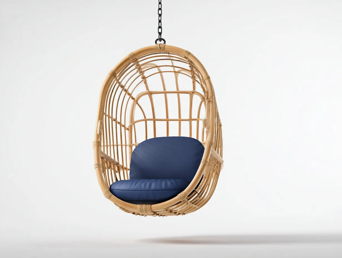 Silla colgante 90×80×120 cm - ratán natural y azul - estilo relajante para terraza