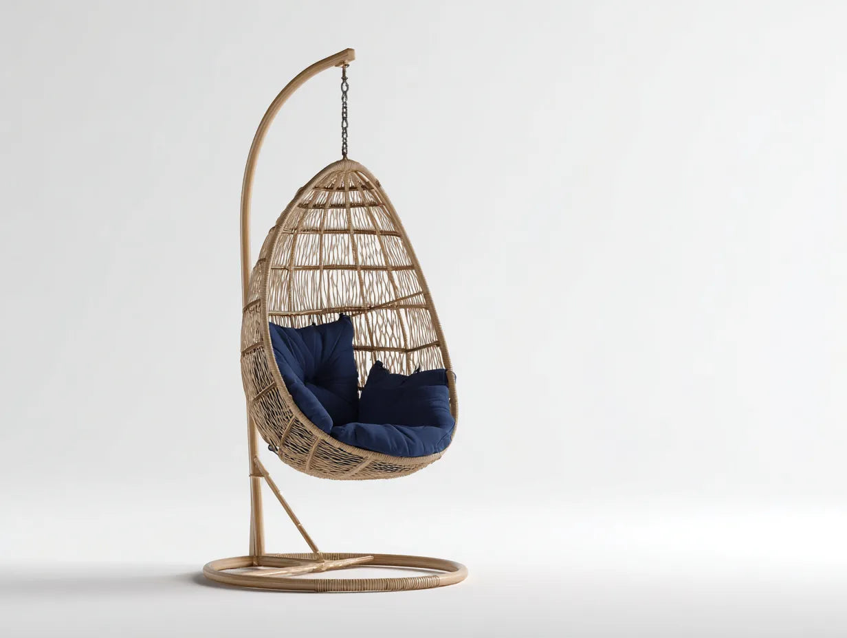 Silla colgante 100×95×190 cm - ratán natural y azul - con soporte para terraza