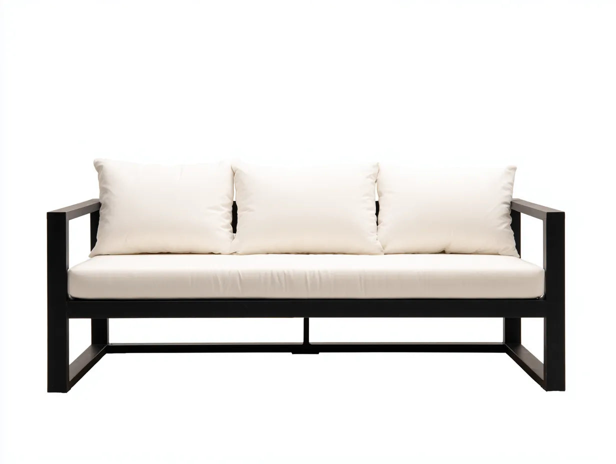 Sofá de 3 plazas 210 x 82 x 78 cm - metal negro y tapizado blanco - estructura abierta para salón