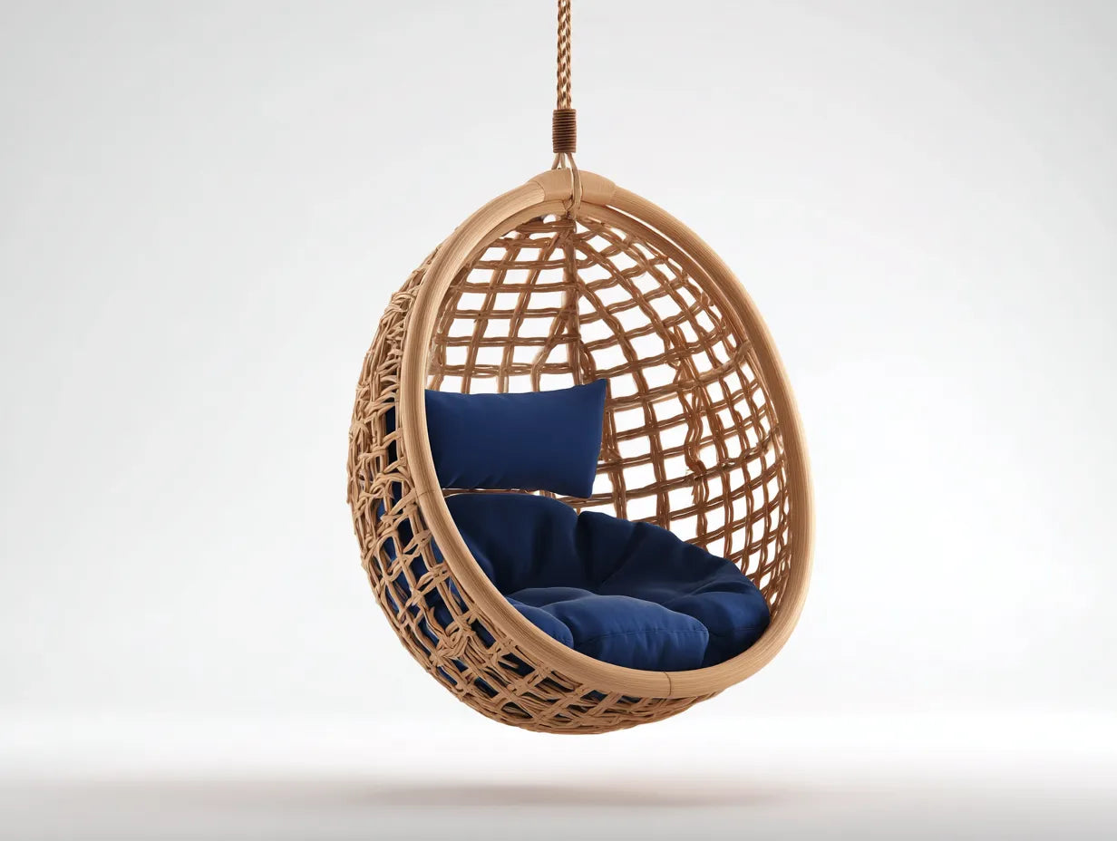 Silla colgante 95×85×125 cm - ratán natural y azul - asiento suspendido para terraza