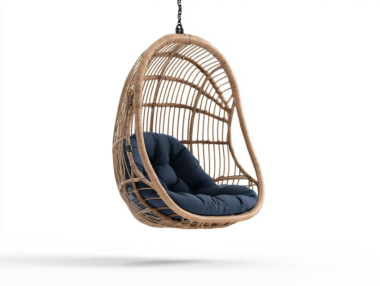 Silla colgante de ratán 95 x 75 x 125 cm - natural y azul - suspendida para terraza