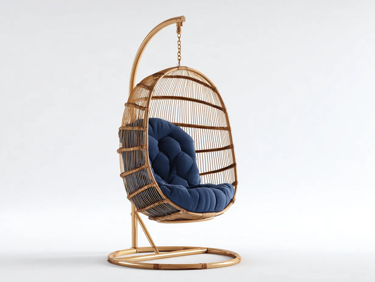 Silla colgante de ratán 105×105×195 cm - marrón y azul - asiento suspendido con soporte para terraza