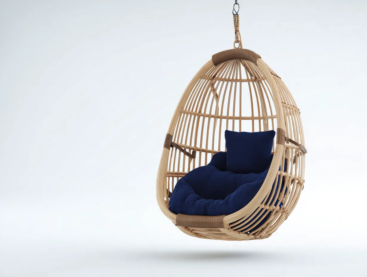 Silla colgante de ratán sintético 95×95×130 cm - beige y azul - estilo nido para terraza